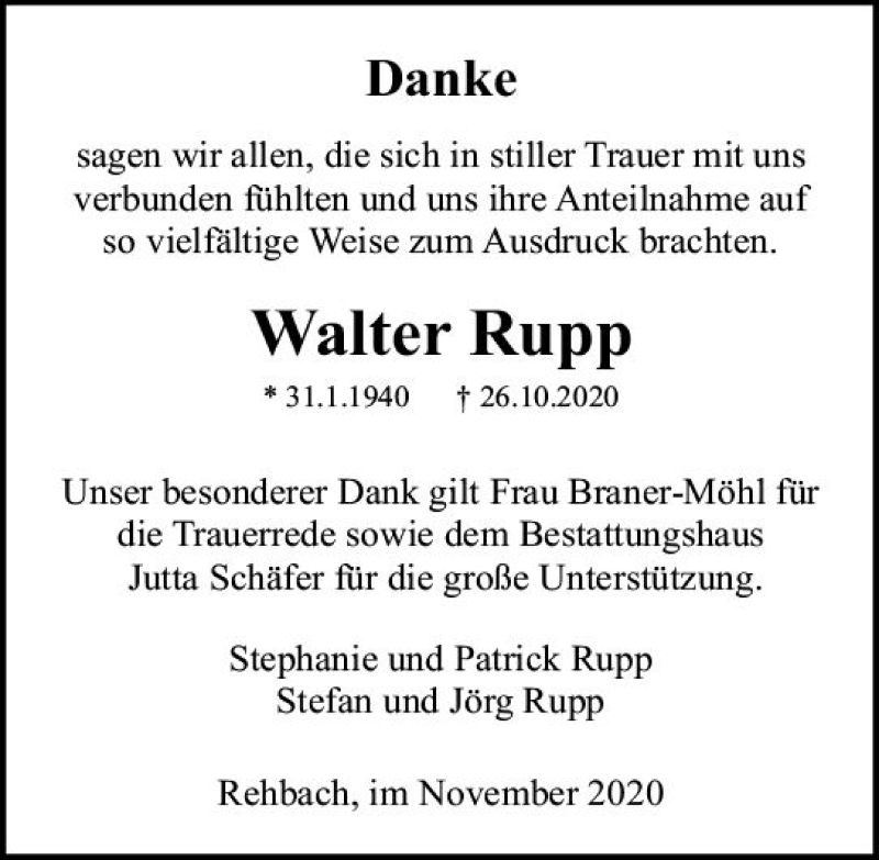  Traueranzeige für Walter Rupp vom 21.11.2020 aus vrm-trauer