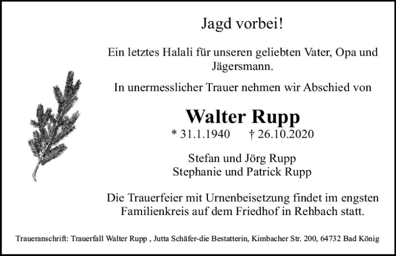  Traueranzeige für Walter Rupp vom 07.11.2020 aus vrm-trauer