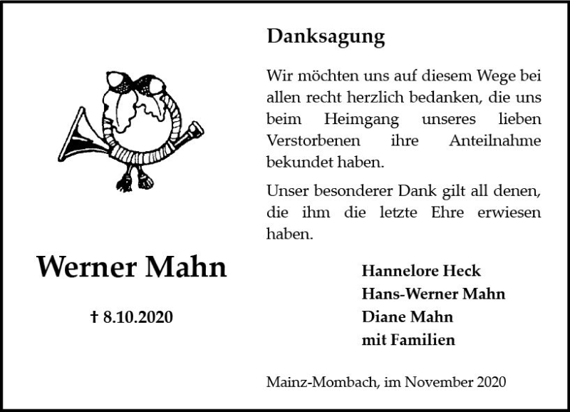  Traueranzeige für Werner Mahn vom 14.11.2020 aus vrm-trauer