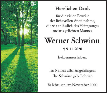 Traueranzeige von Werner Schwinn von vrm-trauer