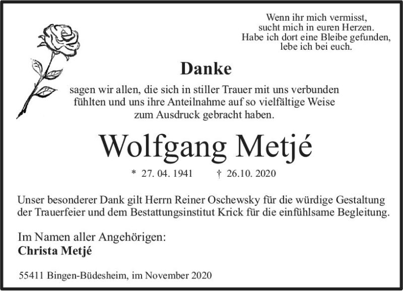  Traueranzeige für Wolfgang Metje vom 17.11.2020 aus vrm-trauer