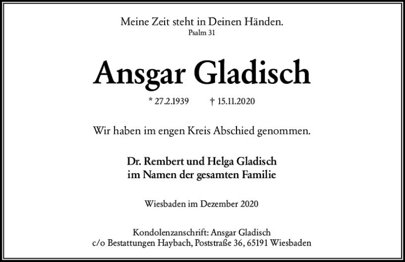  Traueranzeige für Aasgar Gladisch vom 24.12.2020 aus vrm-trauer
