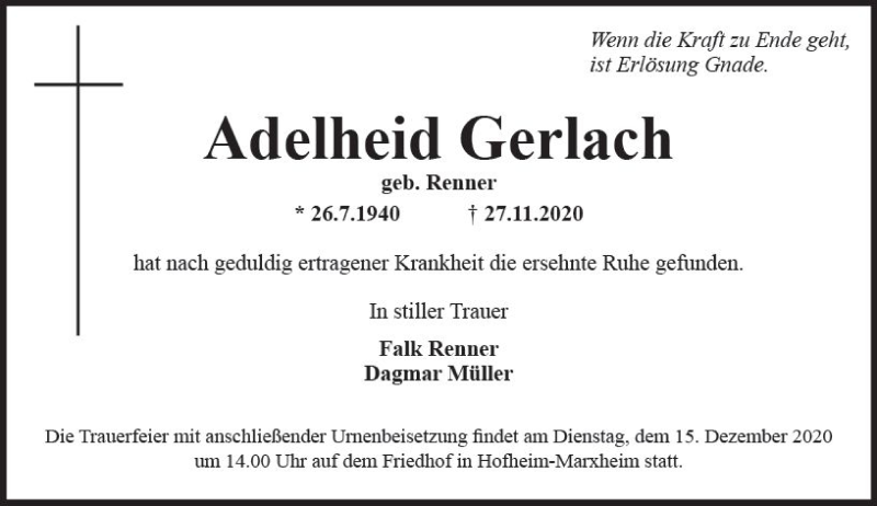  Traueranzeige für Adelheid Gerlach vom 04.12.2020 aus vrm-trauer