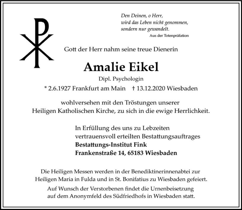  Traueranzeige für Amalie Eikel vom 19.12.2020 aus vrm-trauer