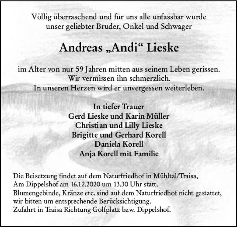  Traueranzeige für Andreas Lieske vom 12.12.2020 aus vrm-trauer