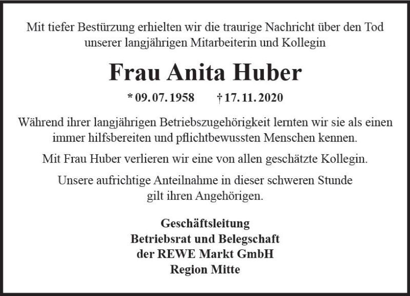  Traueranzeige für Anita Huber vom 02.12.2020 aus vrm-trauer
