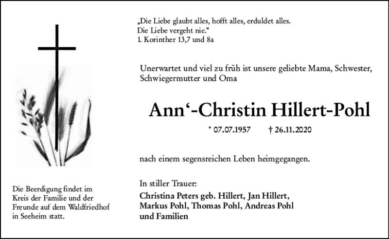  Traueranzeige für Ann-Christin Hillert-Pohl vom 05.12.2020 aus vrm-trauer