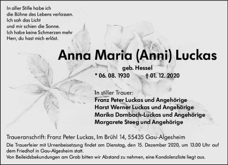  Traueranzeige für Anna Maria Luckas vom 09.12.2020 aus vrm-trauer