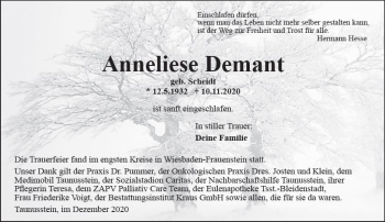 Traueranzeige von Anneliese Demant von vrm-trauer