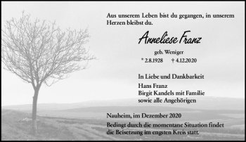 Traueranzeige von Anneliese Franz von vrm-trauer