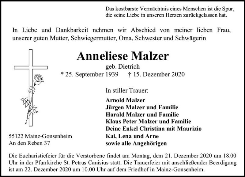  Traueranzeige für Anneliese Malzer vom 21.12.2020 aus vrm-trauer