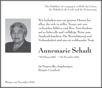 Traueranzeige von Annemarie Schadt von vrm-trauer