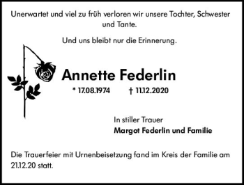 Traueranzeige von Annette Federlin von vrm-trauer