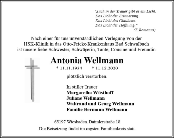 Traueranzeige von Antonia Wellmann von vrm-trauer
