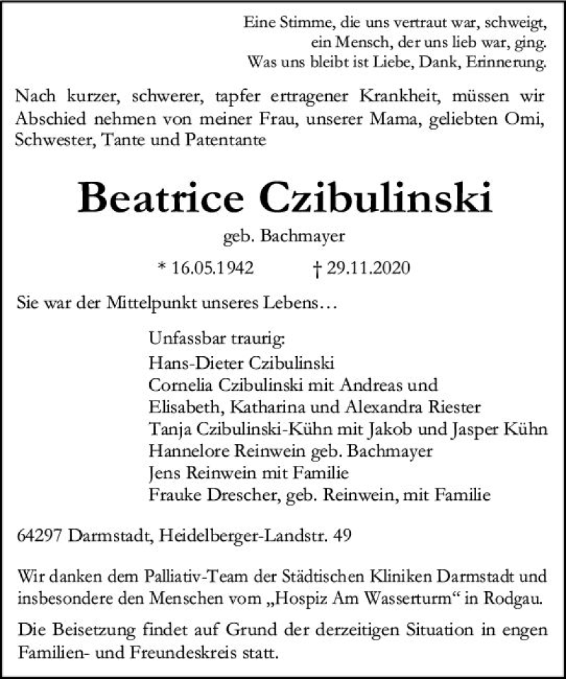  Traueranzeige für Beatrice Czibulinski vom 05.12.2020 aus vrm-trauer