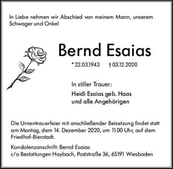 Traueranzeige von Bernd Esaias von vrm-trauer