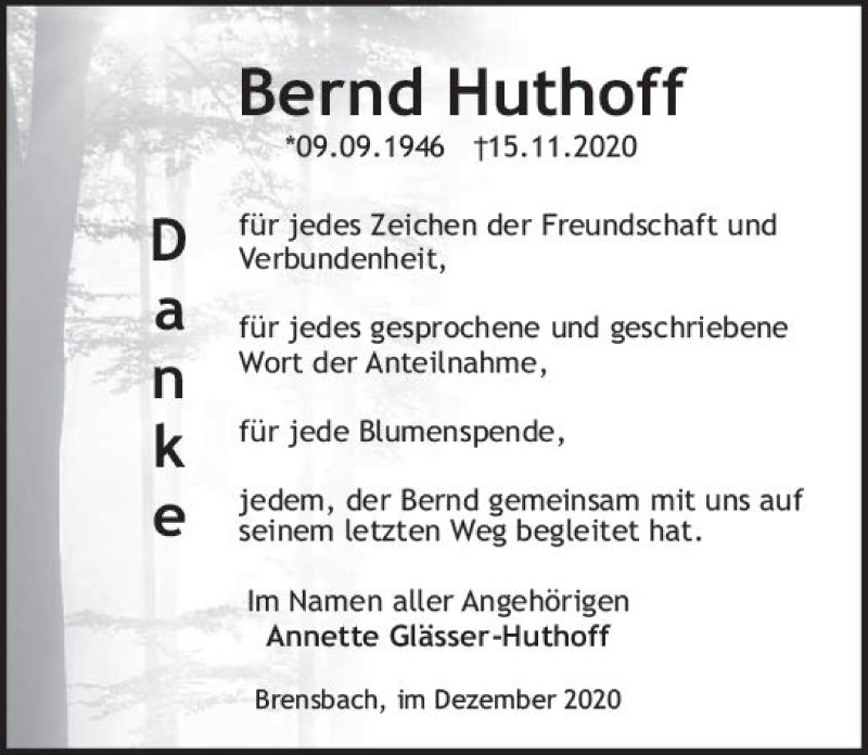  Traueranzeige für Bernd Huthoff vom 12.12.2020 aus vrm-trauer