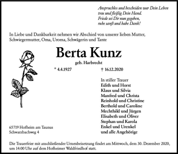 Traueranzeige von Berta Kunz von vrm-trauer