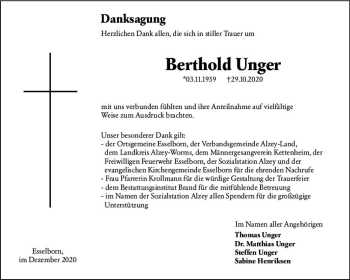 Traueranzeige von Berthold Unger von vrm-trauer
