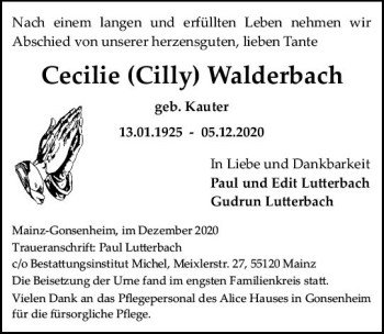 Traueranzeige von Cecilie  Walderbach von vrm-trauer