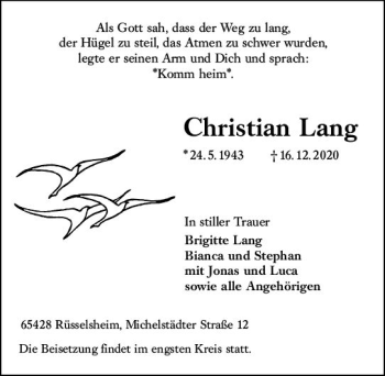 Traueranzeige von Christian Lang von vrm-trauer