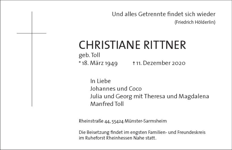  Traueranzeige für Christiane Rittner vom 19.12.2020 aus vrm-trauer