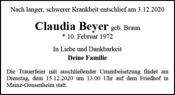 Traueranzeige von Claudia Beyer von vrm-trauer