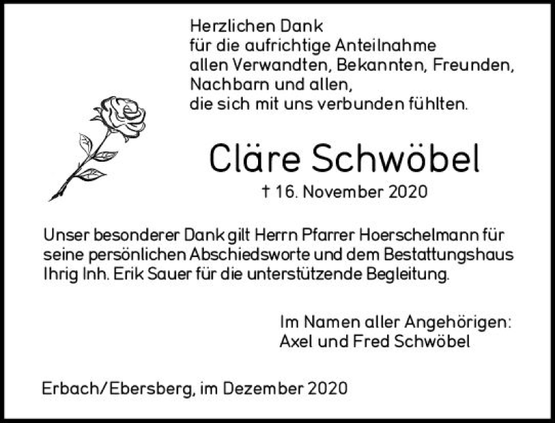  Traueranzeige für Cläre Schwöbel vom 12.12.2020 aus vrm-trauer
