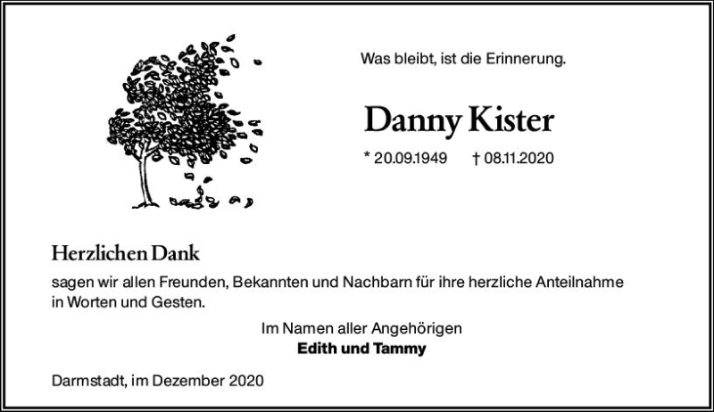  Traueranzeige für Danny Kister vom 05.12.2020 aus vrm-trauer