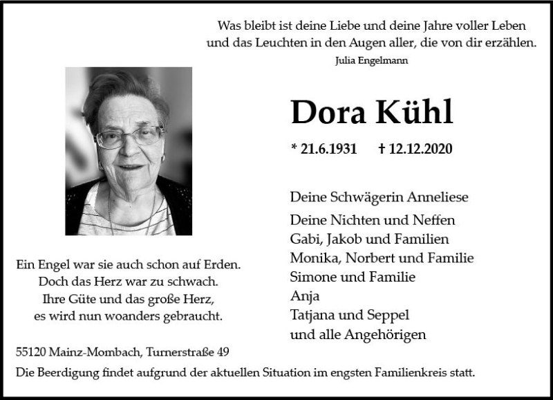  Traueranzeige für Dora Kühl vom 19.12.2020 aus vrm-trauer