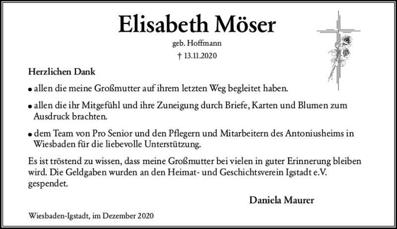  Traueranzeige für Elisabeth Möser vom 19.12.2020 aus vrm-trauer