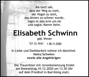 Traueranzeige von Elisabeth Schwinn von vrm-trauer
