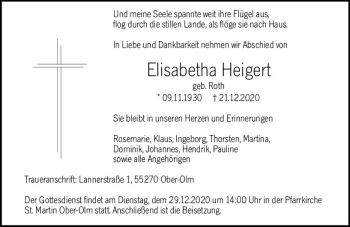 Traueranzeige von Elisabetha Heigert von vrm-trauer