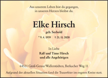 Traueranzeige von Elke Hirsch von vrm-trauer