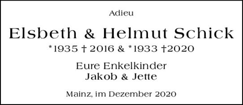  Traueranzeige für Elsbeth Schick vom 19.12.2020 aus vrm-trauer