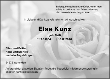 Traueranzeige von Else Kunz von vrm-trauer