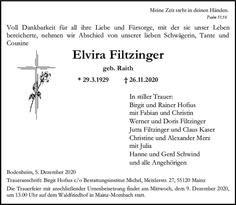  Traueranzeige für Elvira Filtzinger vom 05.12.2020 aus vrm-trauer