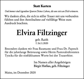 Traueranzeige von Elvira Filtzinger von vrm-trauer