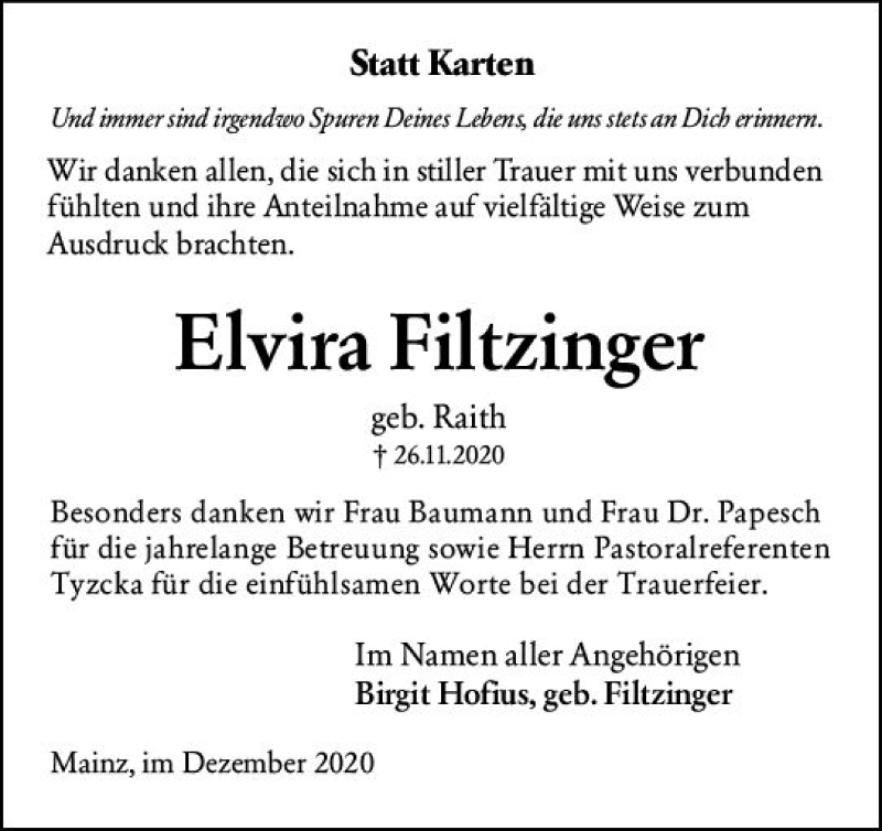  Traueranzeige für Elvira Filtzinger vom 31.12.2020 aus vrm-trauer