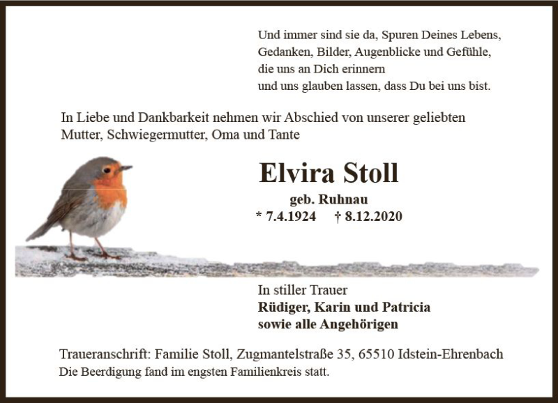  Traueranzeige für Elvira Stoll vom 19.12.2020 aus vrm-trauer
