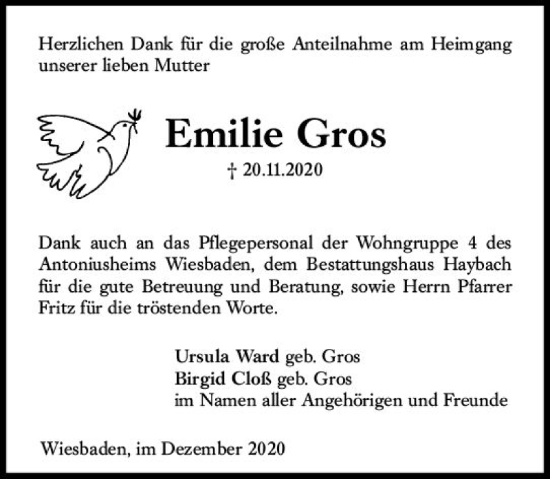  Traueranzeige für Emilie Gros vom 19.12.2020 aus vrm-trauer