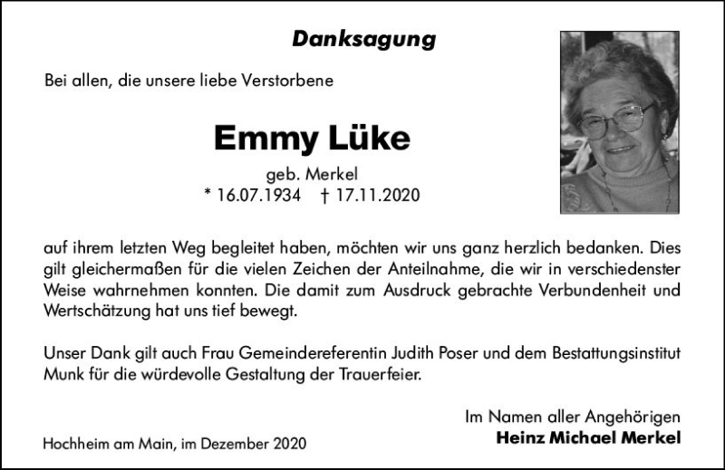  Traueranzeige für Emmy Lüke vom 11.12.2020 aus vrm-trauer