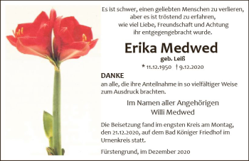 Traueranzeige von Erika Medwed von vrm-trauer