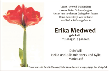 Traueranzeige von Erika Medwed von vrm-trauer