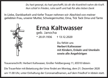 Traueranzeige von Erna Kaltwasser von vrm-trauer