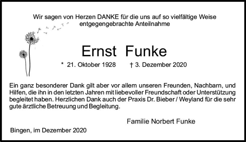  Traueranzeige für Ernst Funke vom 30.12.2020 aus vrm-trauer