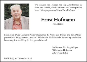 Traueranzeige von Ernst Hofmann von vrm-trauer