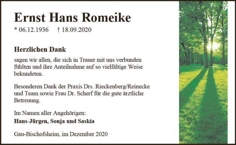  Traueranzeige für Ernst Hans Romeike vom 23.12.2020 aus vrm-trauer
