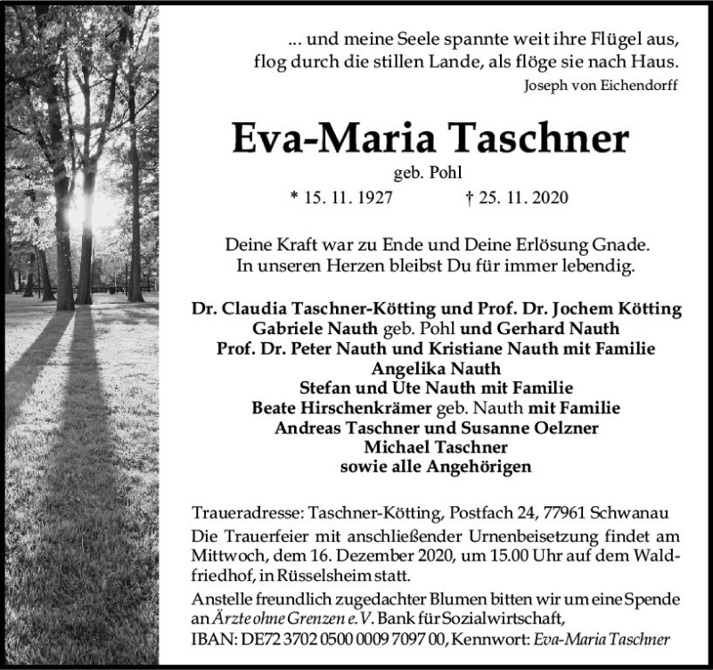  Traueranzeige für Eva-Maria Taschner vom 12.12.2020 aus vrm-trauer