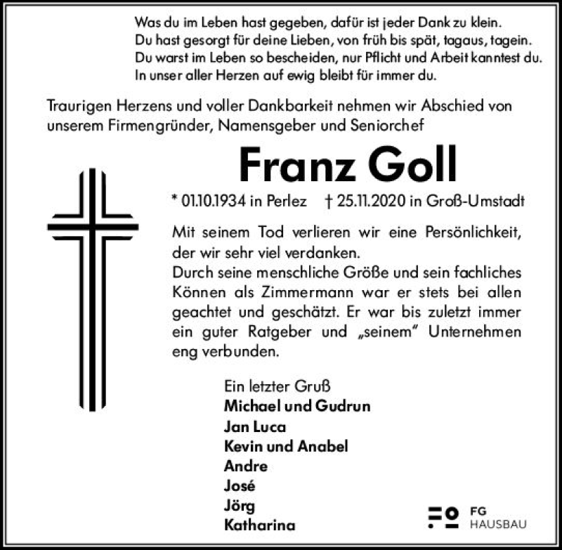  Traueranzeige für Franz Goll vom 05.12.2020 aus vrm-trauer